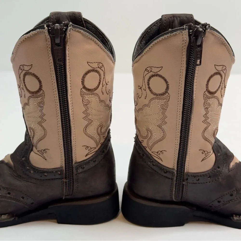 Kids White Diamonds Boots Square Toe Zipper Brown Beige Embroidered